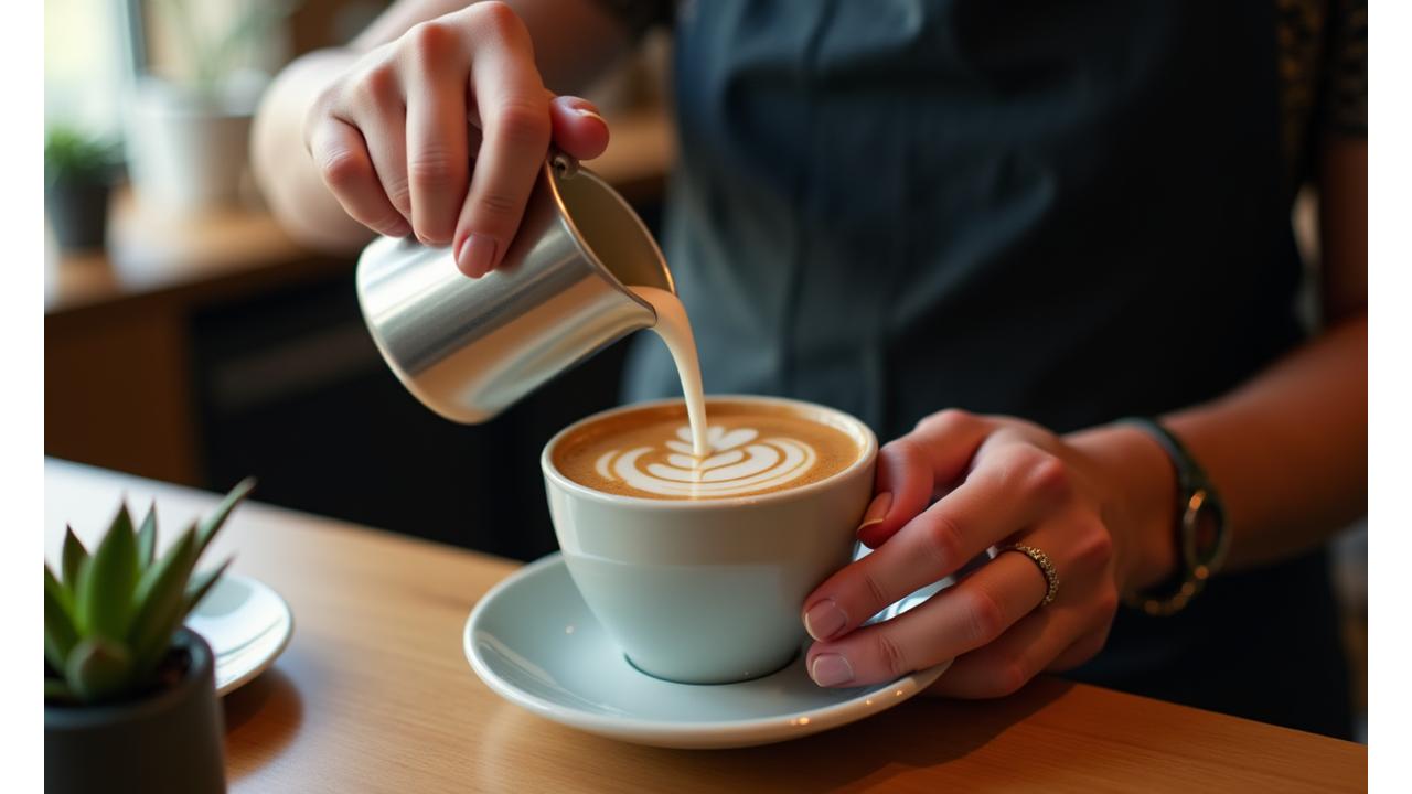 Barista meticulously preparing a plant-based latte with latte art in a warm, inviting cafe setting, emphasizing care and precision.