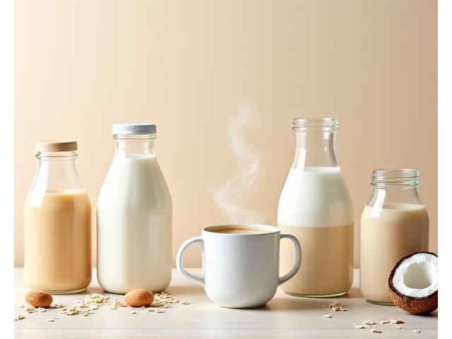 Variety of plant-based milk cartons and bottles (oat, almond, soy, coconut) artfully arranged next to a steaming mug of coffee, showcasing diverse options.