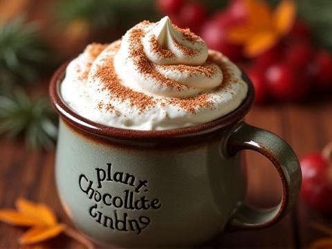 A warm, inviting seasonal vegan hot chocolate or specialty drink in a branded mug, garnished with vegan cream and a sprinkle of cinnamon, capturing a cozy autumn/winter mood.