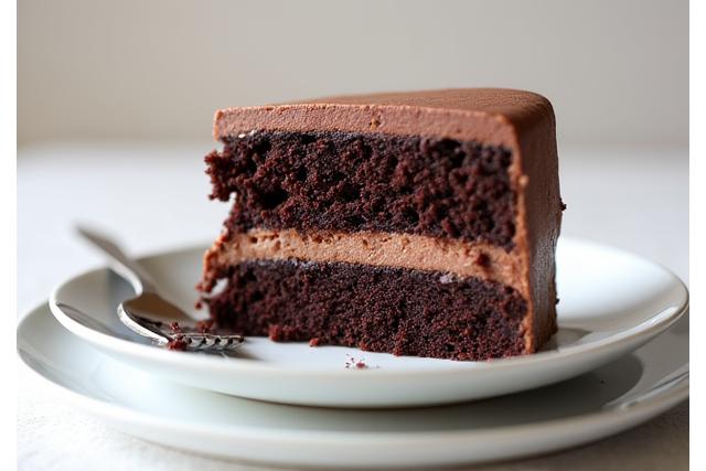 Rich, layered vegan chocolate cake slice on a plate, with a fork ready to take a bite, emphasizing its indulgent texture and appeal.