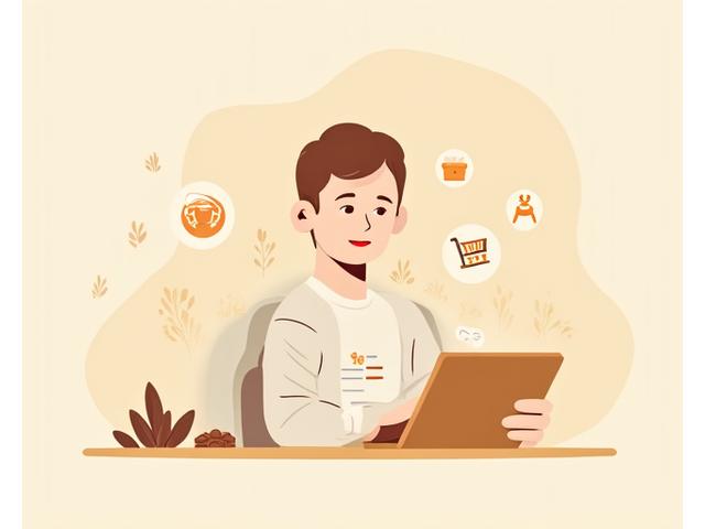 Illustration of a person interacting with a tablet displaying data privacy icons, coffee beans gently integrated