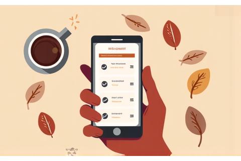 Illustration of a hand holding a smartphone with privacy settings, surrounded by coffee elements