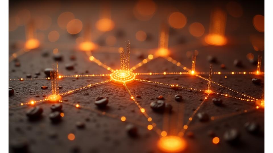 Interconnected secure digital nodes with coffee beans, symbolizing safe data sharing