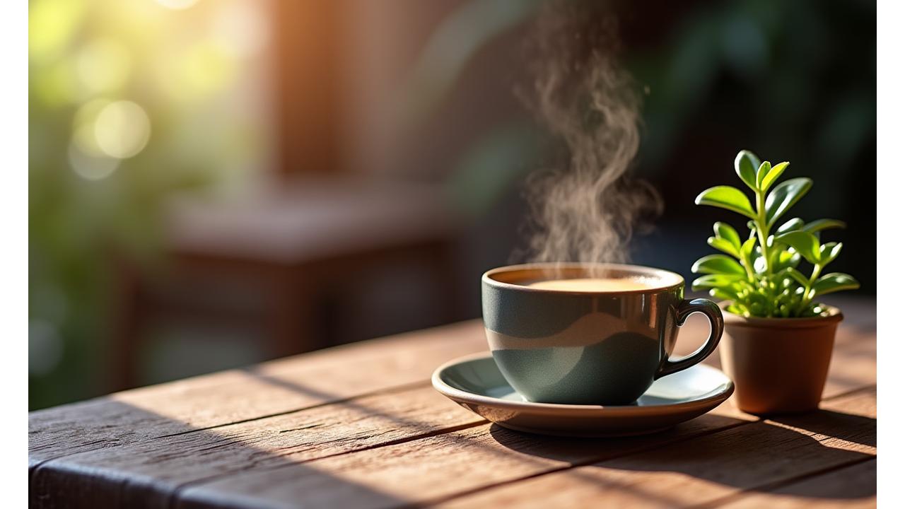 A perfectly brewed cup of coffee on a rustic wooden table, next to a small, vibrant green plant and a blurred background of a cozy café, symbolizing conscious consumption.