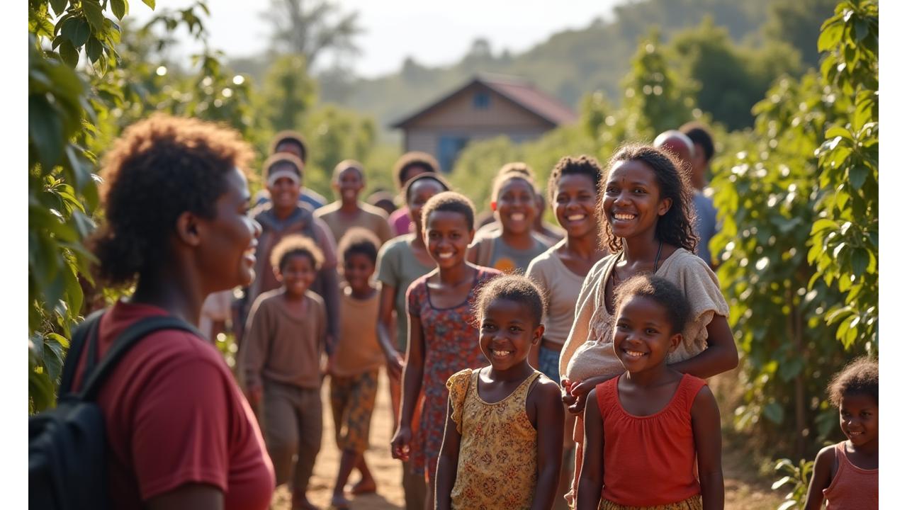 A vibrant community gathering in a coffee farming village, showing children playing, adults conversing, and a small building in the background, implying community support.