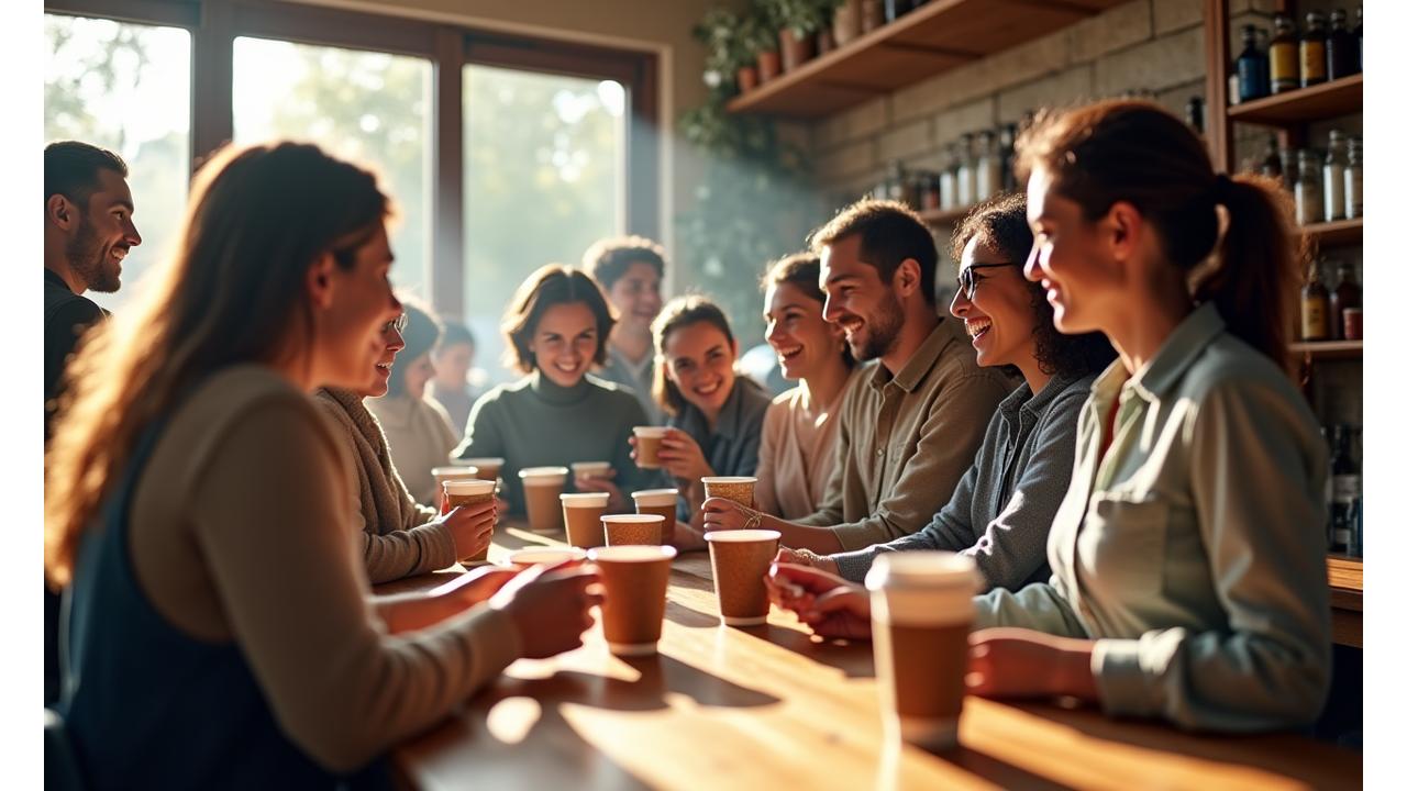 A diverse group of smiling people in a sunlit café, each holding a reusable coffee cup or participating in a small community event, showing shared environmental efforts.