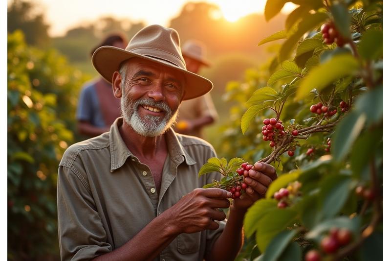 A coffee farmer smiling while inspecting ripe coffee cherries on a plant, with other farmers working in the background on a lush, green plantation.