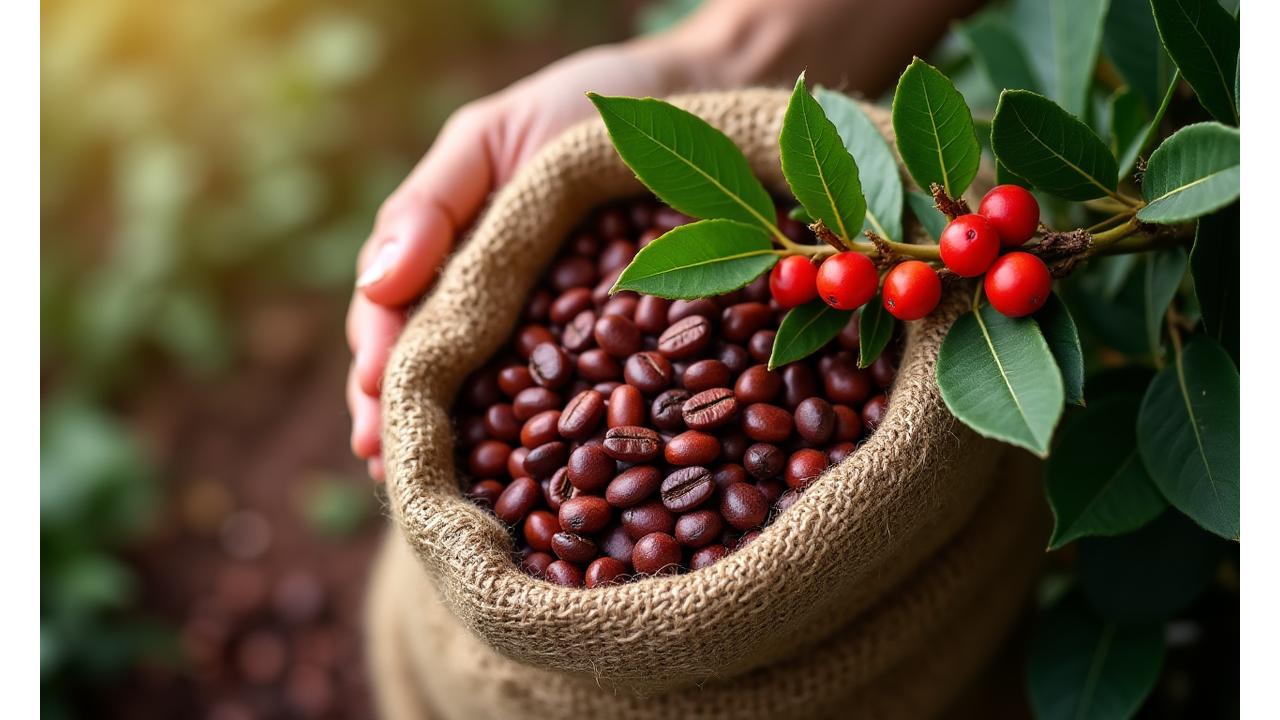Overhead view of coffee beans cascading into a burlap bag, with green leaves and a blurred hand holding a coffee cherry in the background, symbolizing sustainable harvest.