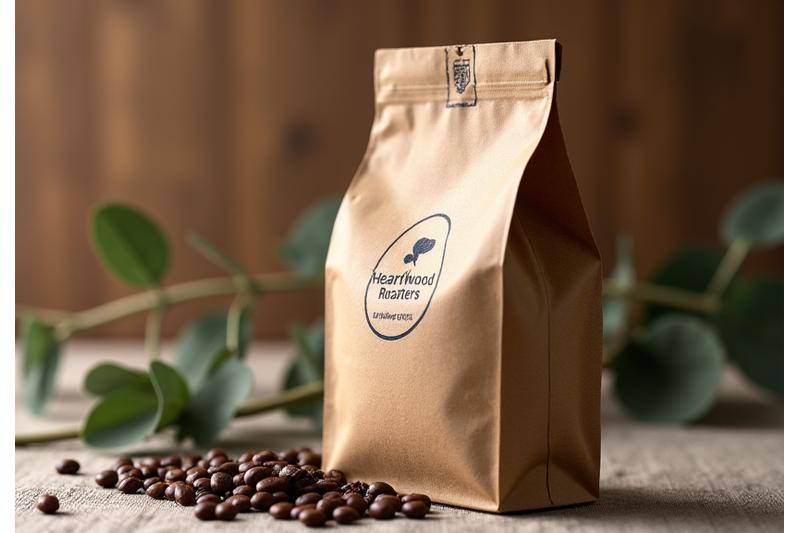 A close-up of a compostable coffee bag made from kraft paper, showing an eco-friendly label and fresh roasted beans spilled playfully beside it.