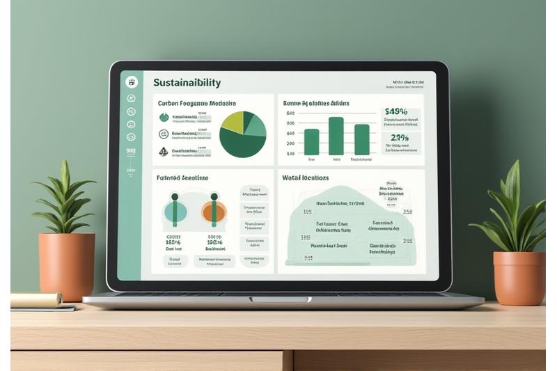 A clean, modern digital dashboard displaying sustainability metrics: carbon footprint reduction, fair trade premium paid, and waste diversion rates, with charts and graphs.
